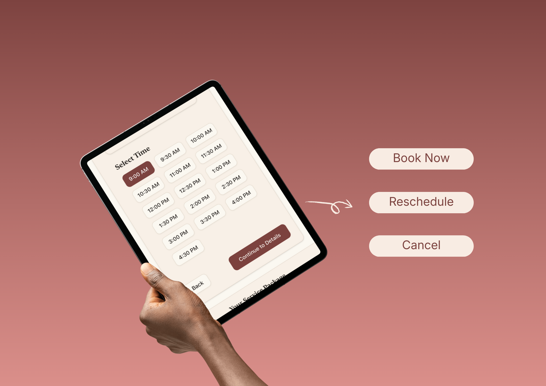 Client holding iPad with a clear Nia booking 'select time' screen